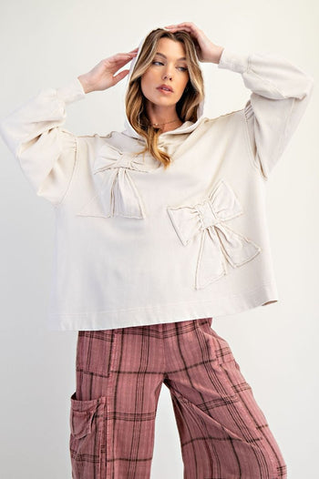 Easel Solid Color Terry Knit Bow Patch Hooded Top on Ecru