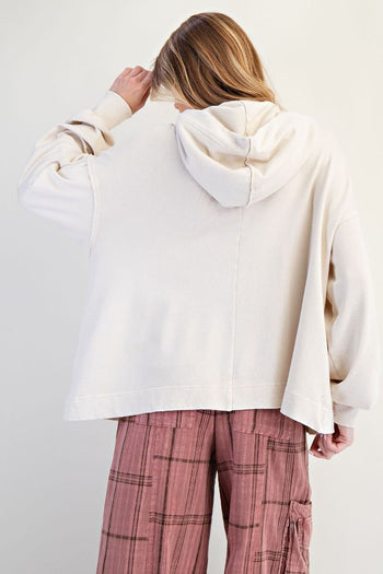 Easel Solid Color Terry Knit Bow Patch Hooded Top on Ecru