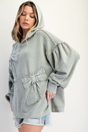 Easel Solid Color Terry Knit Bow Patch Hooded Top on Sage