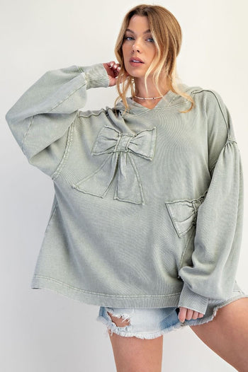 Easel Solid Color Terry Knit Bow Patch Hooded Top on Sage