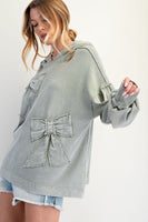 Easel Solid Color Terry Knit Bow Patch Hooded Top on Sage