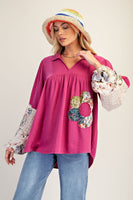 Easel Patched Detail Cotton Gauze Top in Magenta
