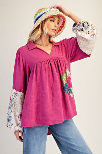 Easel Patched Detail Cotton Gauze Top in Magenta
