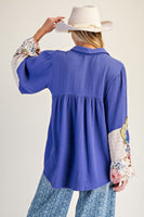Easel Patched Detail Cotton Gauze Top in Royal Blue