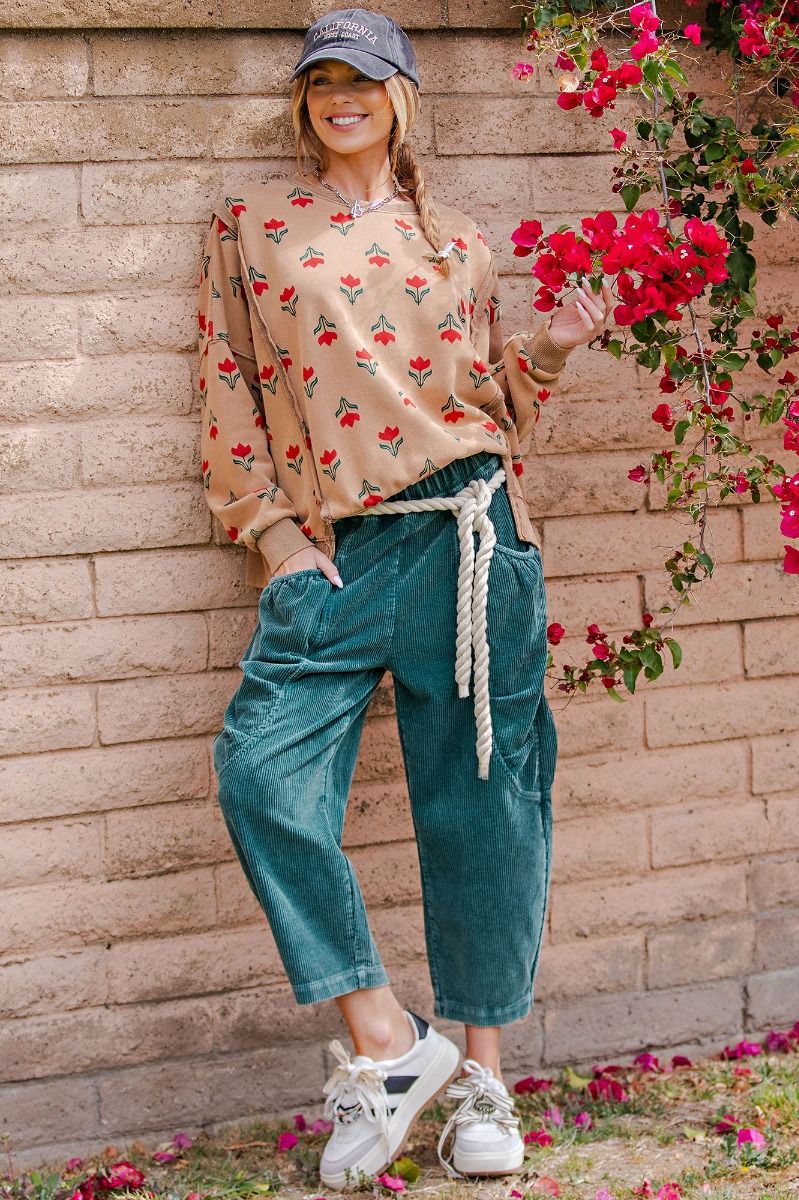 Easel French Terry Vintage Floral Print Sweatshirt in Faded Camel