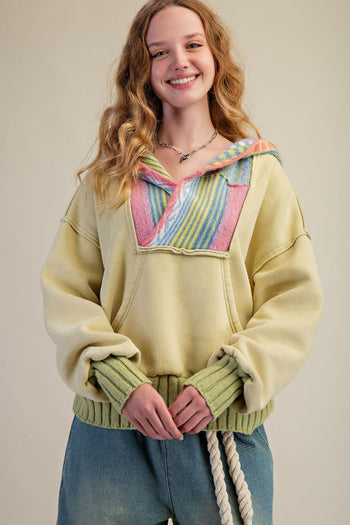 Easel Mineral Washed Multi Colored Detailed Hoodie in American Pear