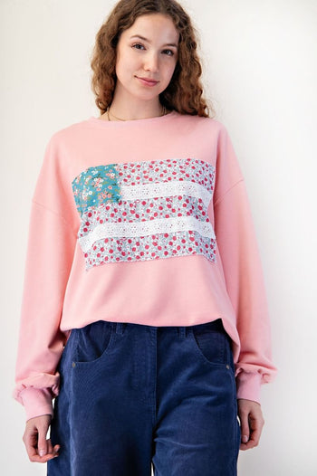 Easel Mineral Washed American Flag Patched Top in Coral