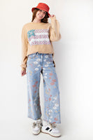 Easel Mineral Washed American Flag Patched Top in Latte