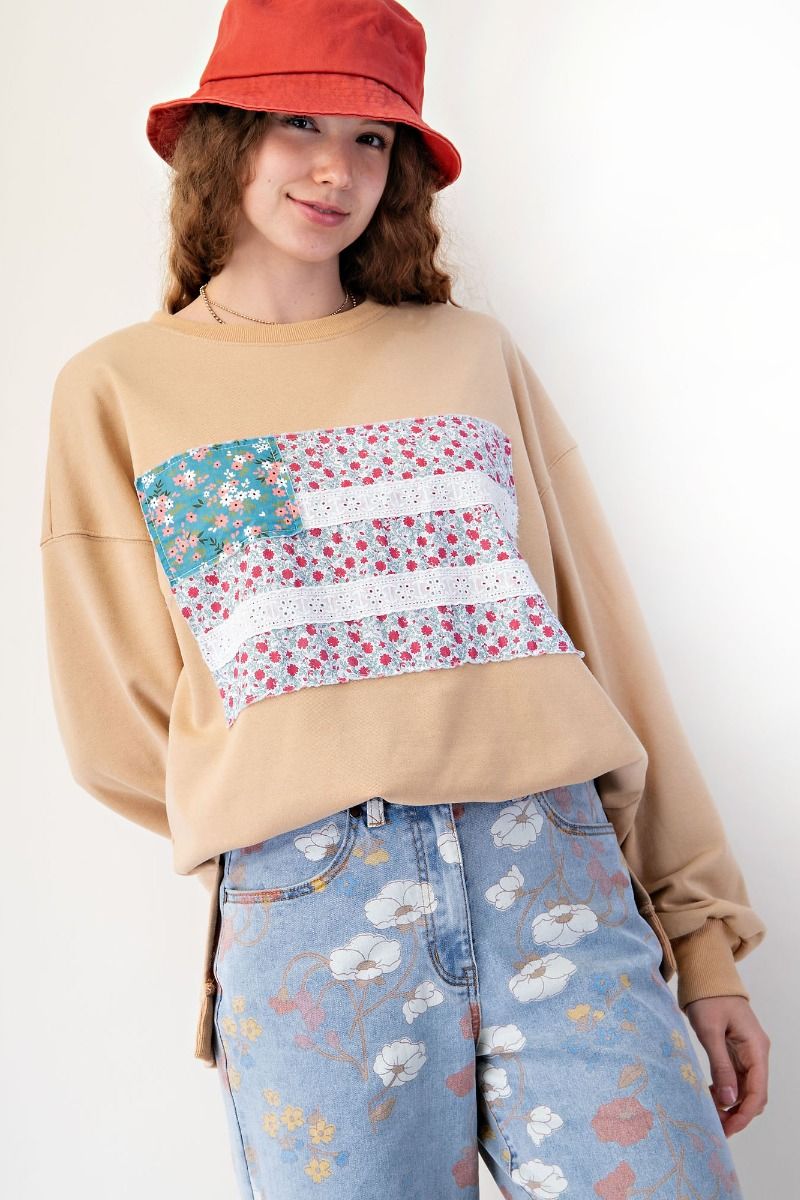 ELLIE ステッチブルゾン　ベージュ　clane ameri Easel Mineral Washed American Flag Patched Top in Latte – June Adel
