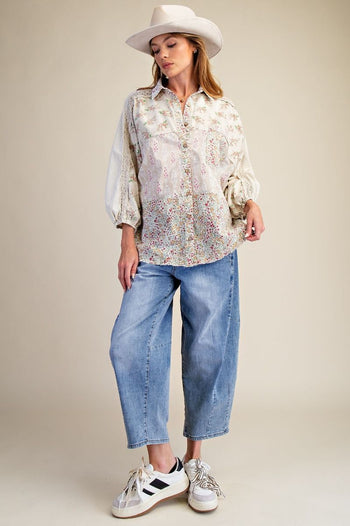 Easel Mixed Print Button Down Shirt in Ecru