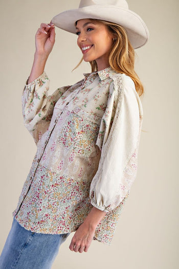 Easel Mixed Print Button Down Shirt in Ecru