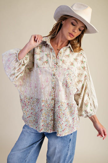 Easel Mixed Print Button Down Shirt in Ecru
