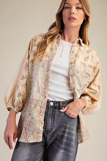 Easel Mixed Print Button Down Shirt in Straw