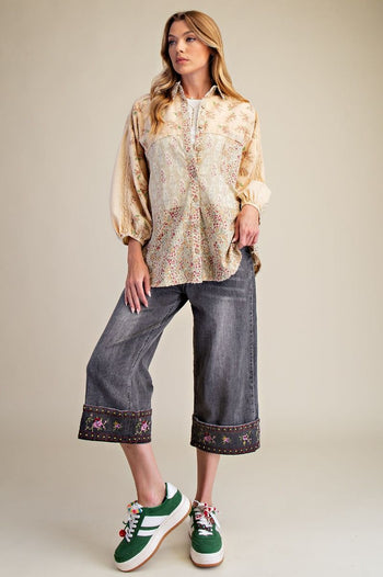 Easel Mixed Print Button Down Shirt in Straw