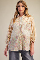 Easel Mixed Print Button Down Shirt in Straw