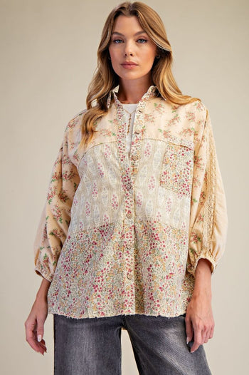 Easel Mixed Print Button Down Shirt in Straw