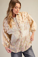 Easel Mixed Print Button Down Shirt in Straw