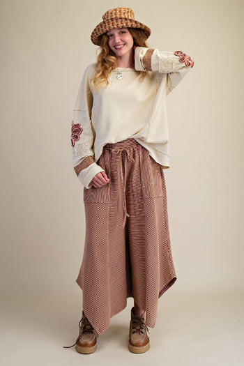 Easel Terry Knit Mixed Patched Sleeve Top in Natural