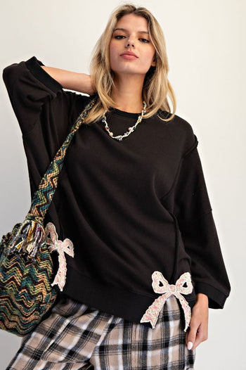 Easel Solid Color Terry Knit Top with Applique Bows on Hem in Black ON ORDER