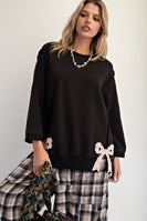 Easel Solid Color Terry Knit Top with Applique Bows on Hem in Black ON ORDER