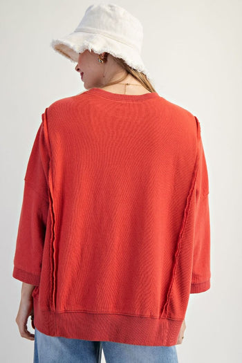 Easel Solid Color Terry Knit Top with Applique Bows on Hem in Boho Red