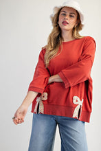 Load image into Gallery viewer, Easel Solid Color Terry Knit Top with Applique Bows on Hem in Boho Red
