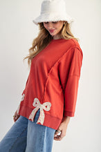 Load image into Gallery viewer, Easel Solid Color Terry Knit Top with Applique Bows on Hem in Boho Red
