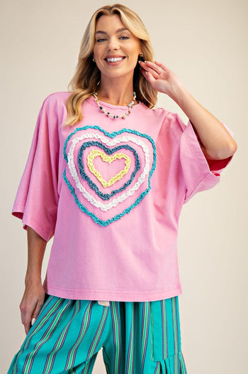 Easel Ruffle Heart Terry Knit Top in Candy Pink