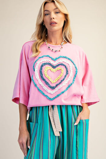 Easel Ruffle Heart Terry Knit Top in Candy Pink