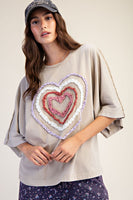Easel Ruffle Heart Terry Knit Top in Sage Grey