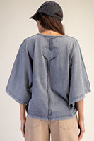 Easel Ruffle Heart Terry Knit Top in Smoke