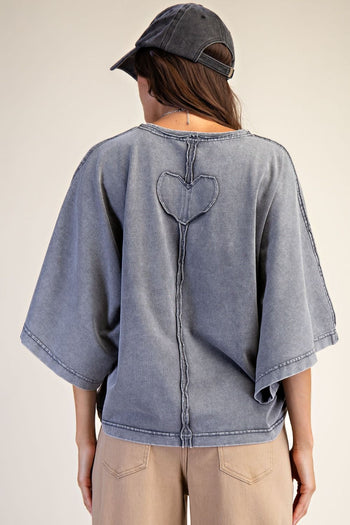 Easel Ruffle Heart Terry Knit Top in Smoke