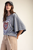 Easel Ruffle Heart Terry Knit Top in Smoke