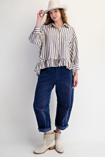 Easel Striped Linen Top in Denim ON ORDER