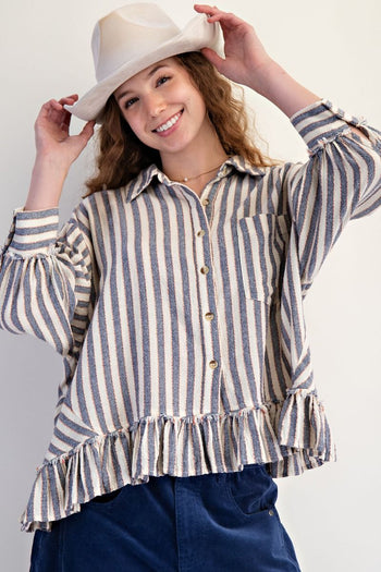 Easel Striped Linen Top in Denim ON ORDER