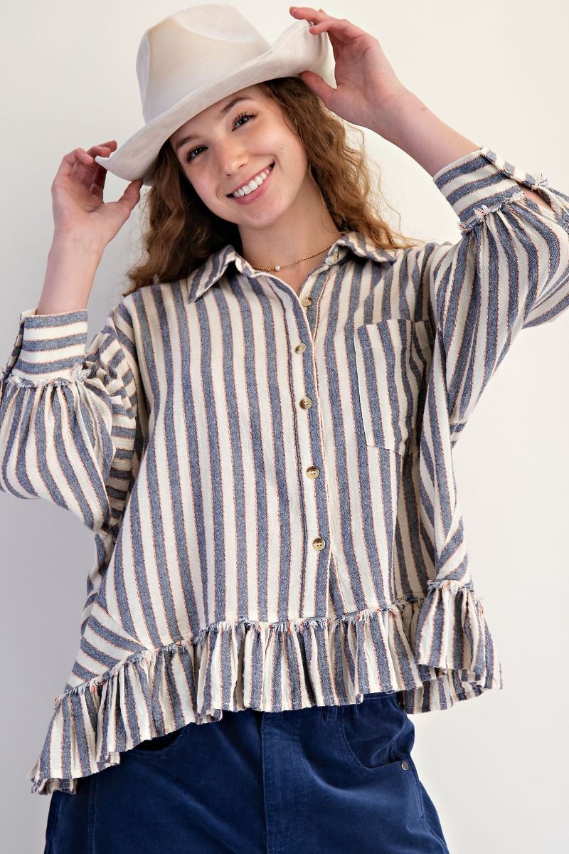 Easel Striped Linen Top in Denim ON ORDER