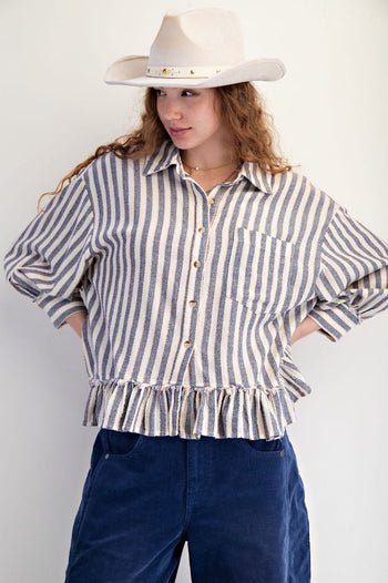 Easel Striped Linen Top in Denim ON ORDER