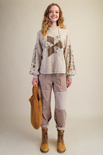 Easel Star Patch with Floral Print Waffle Knit Hooded Top in Light Khaki