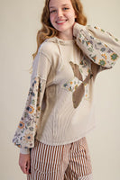 Easel Star Patch with Floral Print Waffle Knit Hooded Top in Light Khaki