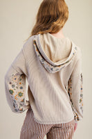 Easel Star Patch with Floral Print Waffle Knit Hooded Top in Light Khaki