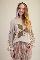 Easel Star Patch with Floral Print Waffle Knit Hooded Top in Light Khaki