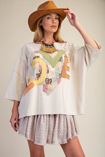Easel OVERSIZED Heart and Love Patched Top in Oatmeal