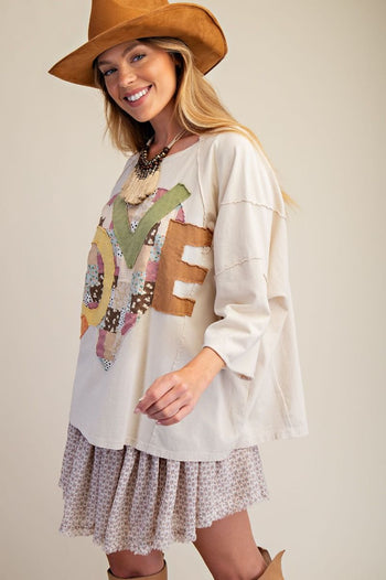 Easel OVERSIZED Heart and Love Patched Top in Oatmeal