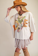 Easel OVERSIZED Heart and Love Patched Top in Oatmeal