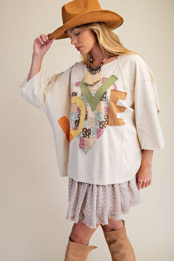 Easel OVERSIZED Heart and Love Patched Top in Oatmeal