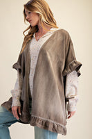 Easel Washed Chambray Star Patched Back Open Front Cardigan in Mocha