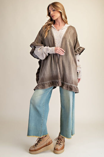 Easel Washed Chambray Star Patched Back Open Front Cardigan in Mocha