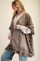 Easel Washed Chambray Star Patched Back Open Front Cardigan in Mocha