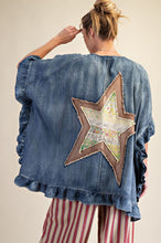 Load image into Gallery viewer, Easel Washed Chambray Star Patched Back Open Front Cardigan in Washed Denim
