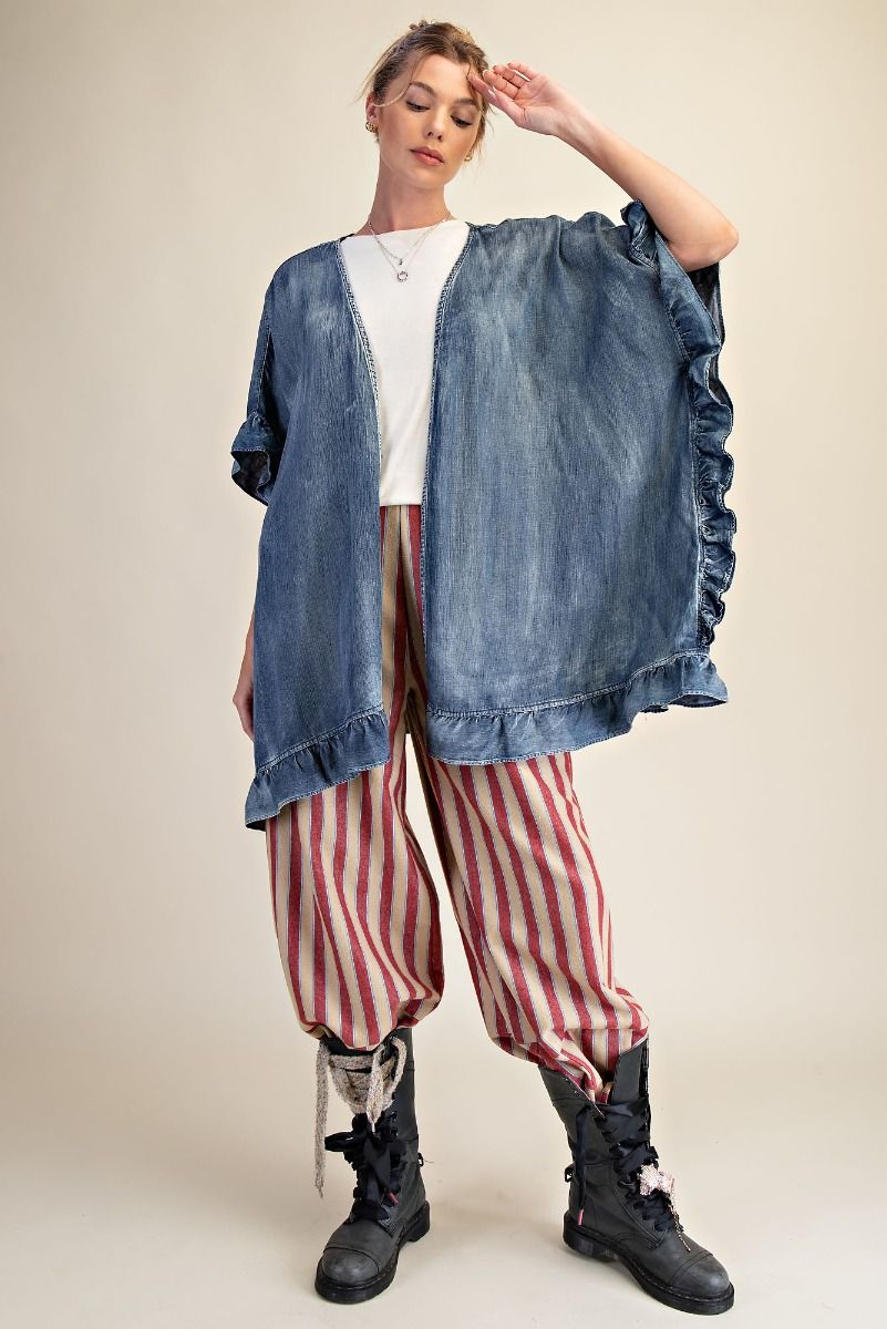 Easel Washed Chambray Star Patched Back Open Front Cardigan in